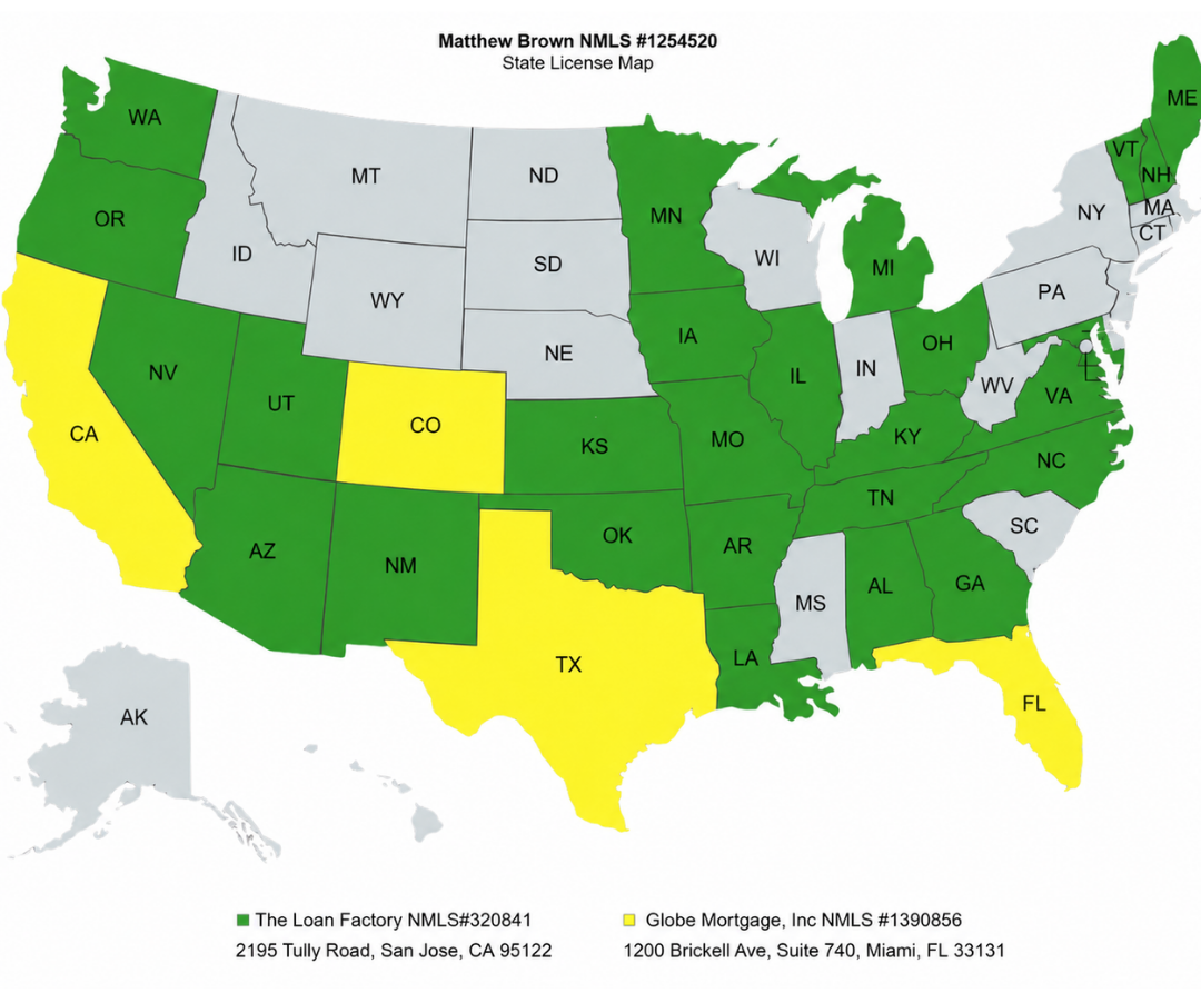 Licensed states map - Matt Brown Mortgage Broker Austin TX