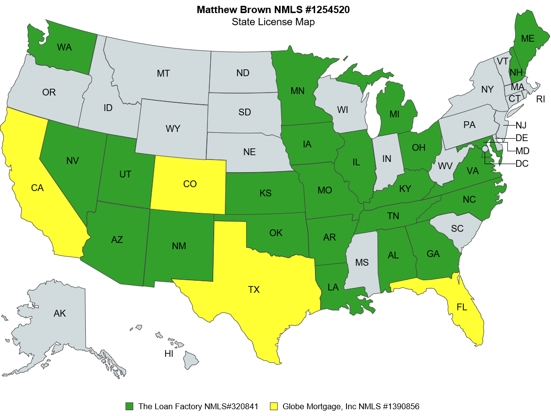 Licensed states map - Matt Brown Mortgage Broker Austin TX